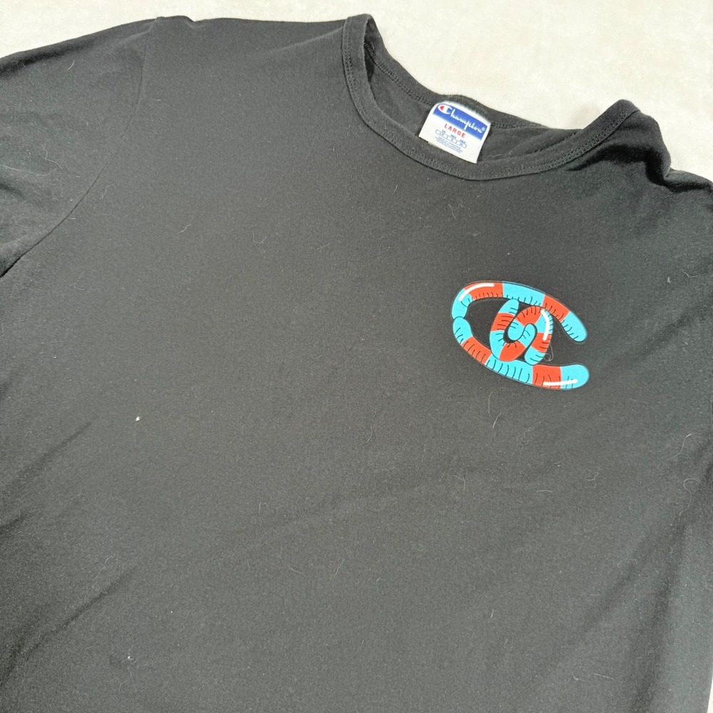 Champion‎ Mens Gummy Worm Graphic T-Shirt Black Cotton Crew Neck Large GT353